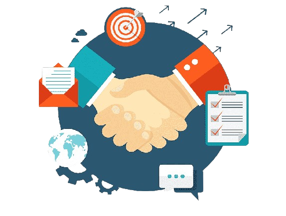 Illustration of two hands shaking, surrounded by icons representing global communication, target achievement, checklist, email, and dialogue, symbolizing collaboration and business partnership.