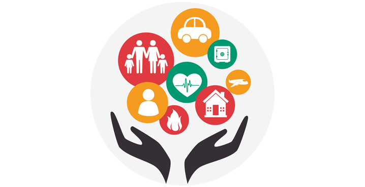 Icons representing family, health, home, car, and security are arranged within colored circles above two black hands, symbolizing insurance coverage and protection.