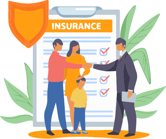 Illustration of a family shaking hands with a suited man in front of a document labeled "Insurance." A shield emblem appears on the left, and the paper has checkmarks next to listed items.
