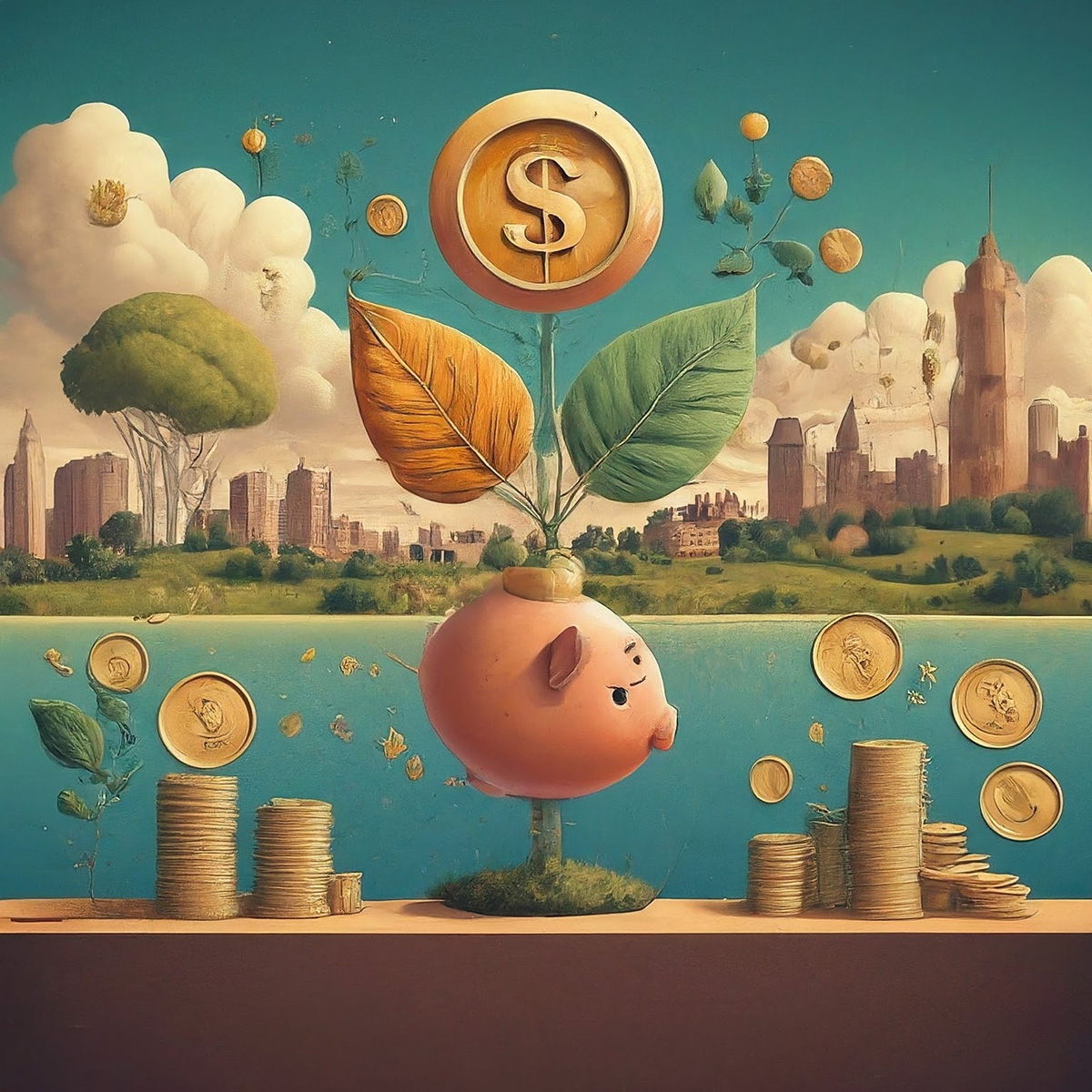 Illustration of a piggy bank at the base of a tree with a coin at the top, surrounded by coins and skyscrapers in the background, representing financial growth and savings.