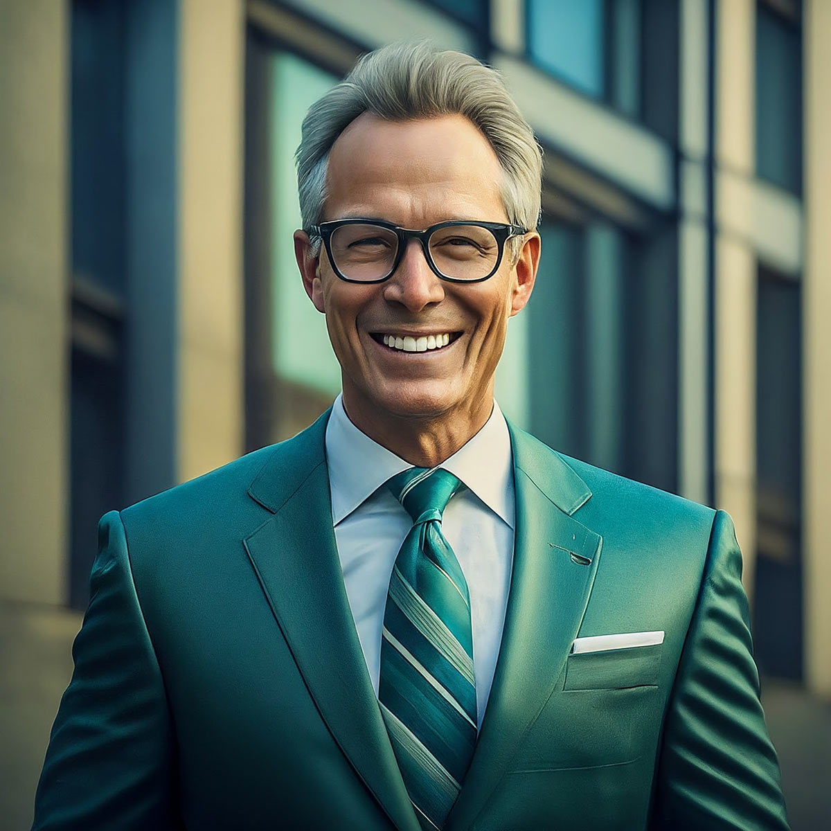 A man in glasses and a green suit smiles broadly while standing in front of a modern building.