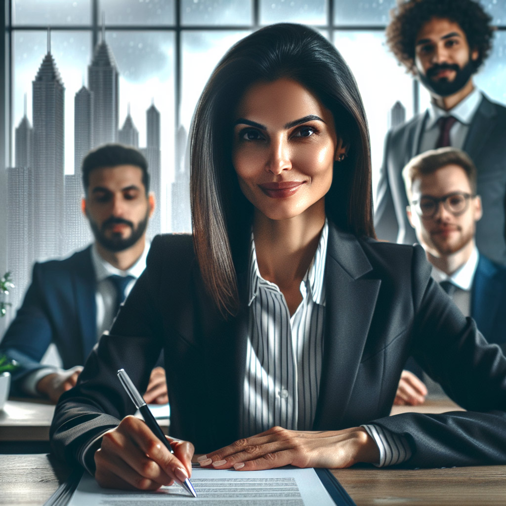 A woman in a business suit is seated at a desk, signing documents. Three men in business attire are standing behind her. The background shows a city skyline through large windows.