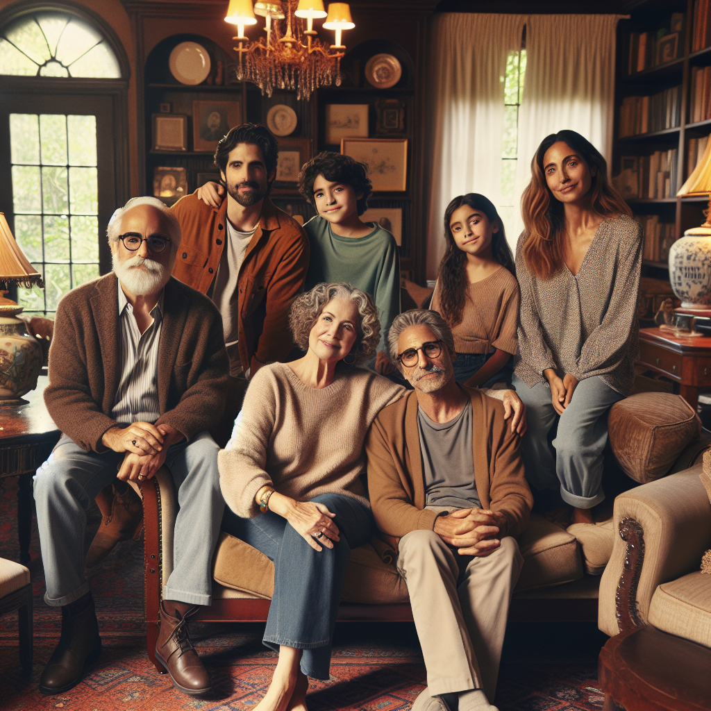 A family photo featuring a group of three generations seated and standing in a cozy, well-decorated living room with bookshelves, a window, and a chandelier.