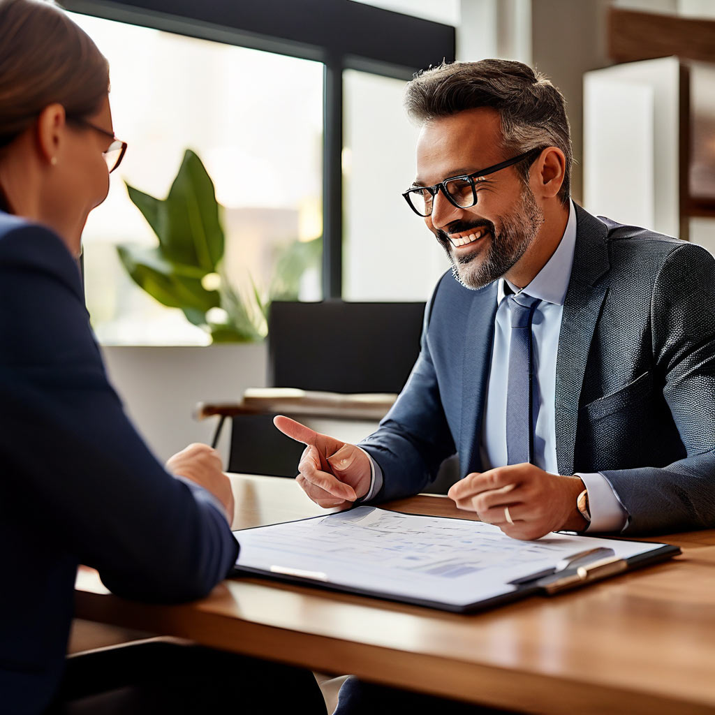 Two people in business attire converse across a desk; one smiling man gestures while the other listens. A clipboard with documents rests on the desk. Background features a window and greenery.