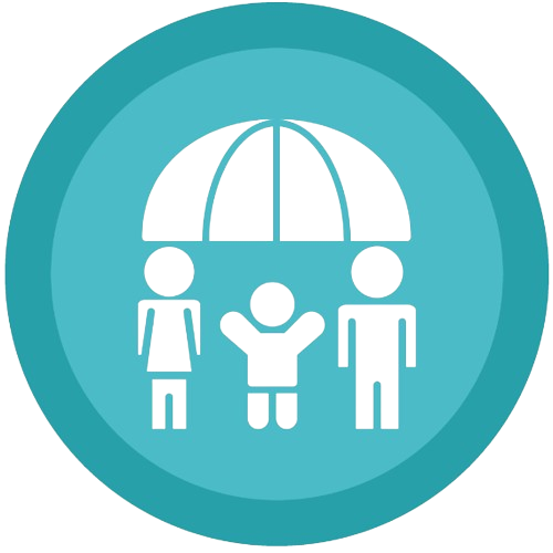 Icon depicting a family of three with a child held up by two adults under an umbrella, symbolizing protection or safety.