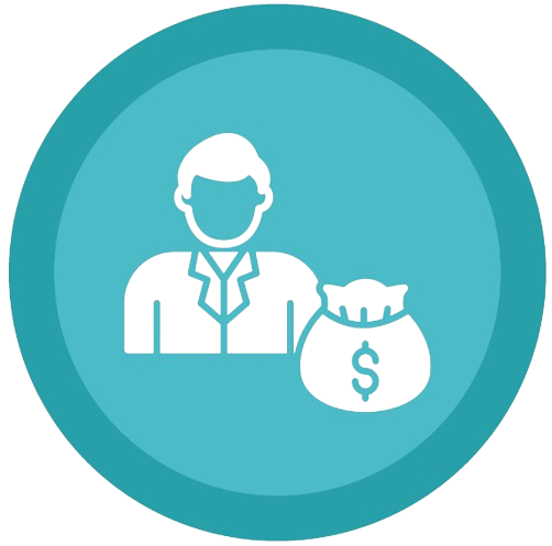 Icon of a person in a suit next to a bag with a dollar sign inside a teal circle border.