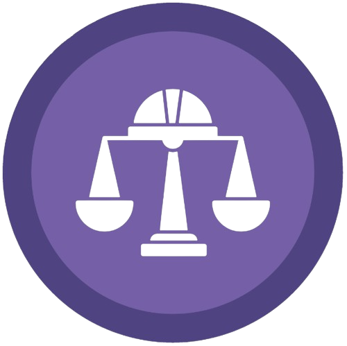 Icon of a scale in black, symbolizing justice, centered within a purple circle.