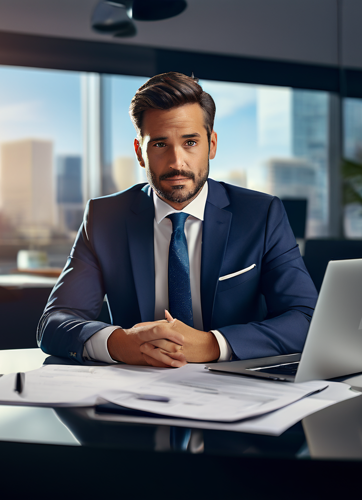 A man in a blue suit sits at a desk with papers and a laptop in an office with large windows and city view.