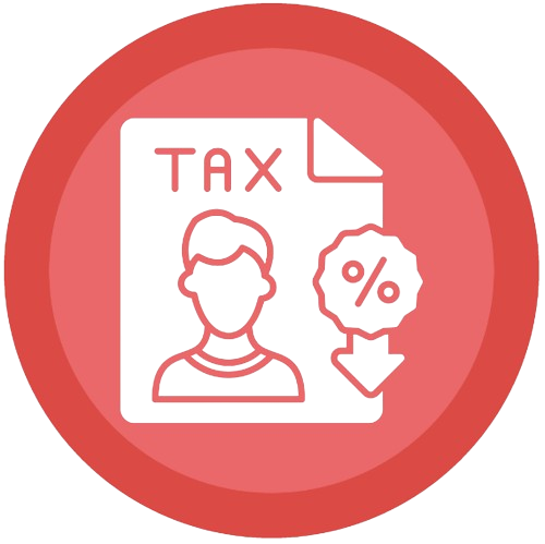 Icon of a person on a tax document with a percentage sign and a downward arrow, enclosed in a red circular border.