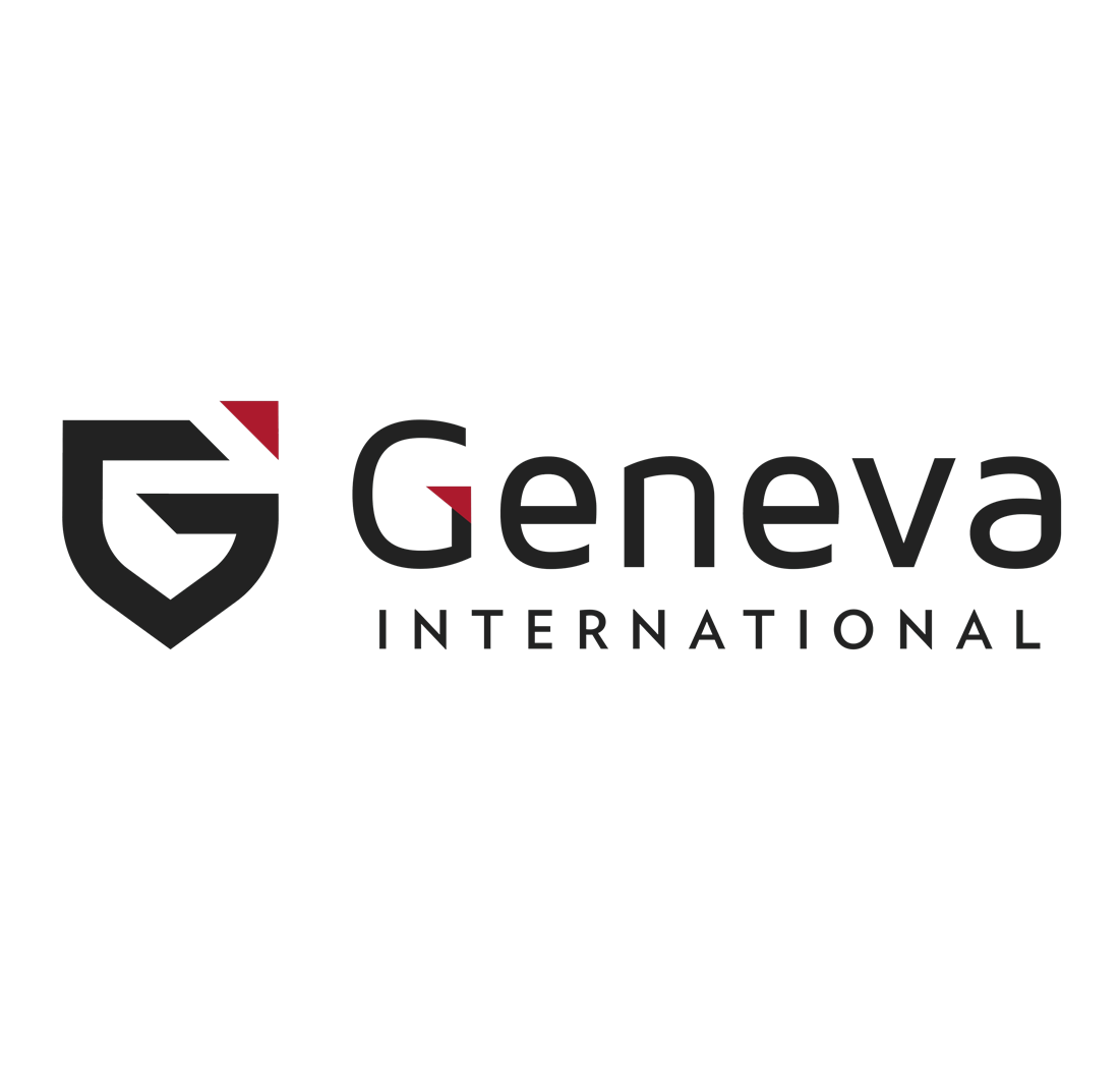 A minimalist logo featuring the text "Geneva International" with a stylized "G" shield icon. The logo is in black with a small red triangle accent on the shield.