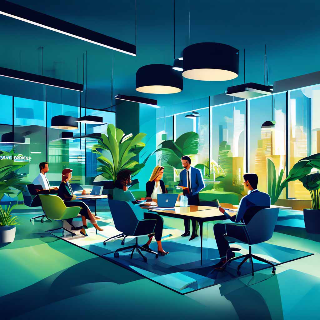 A modern office with large windows, lush green plants, and employees collaborating at a central table under pendant lights.