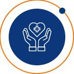 Icon of two hands holding a heart with a medical cross, representing healthcare or medical services, set against a teal background.