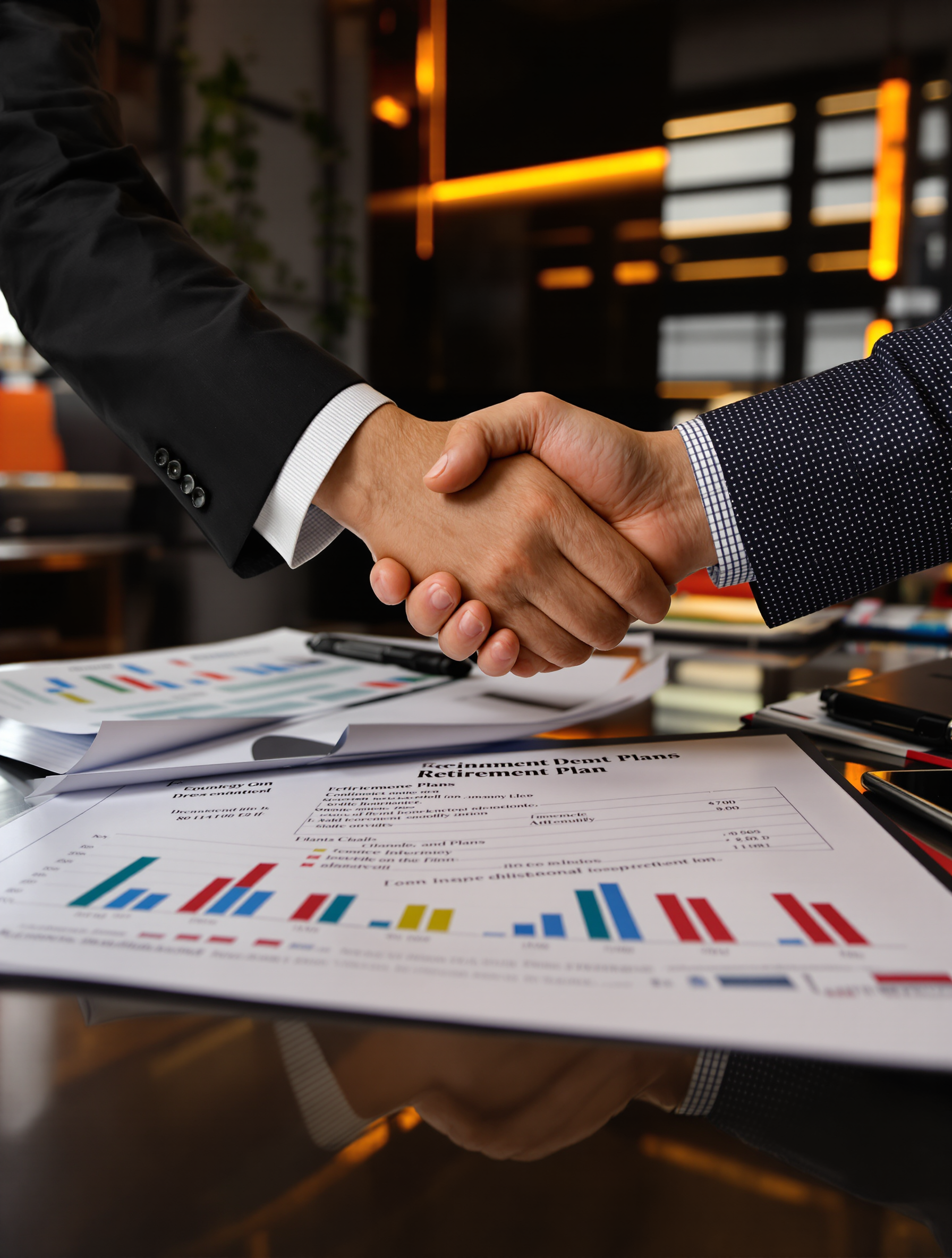 A group of five business professionals in a modern office having a meeting. One person is standing and presenting, while the others are seated listening attentively. A cityscape is visible through large windows.